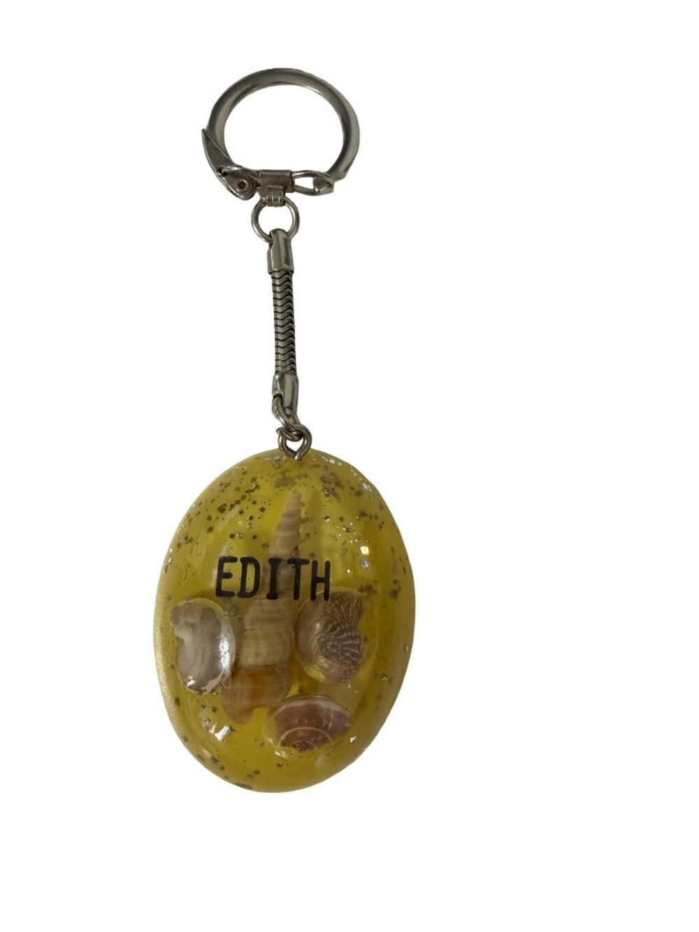 Vintage Edith Seashell Keychain Yellow Resin Personalized Beach Souvenir